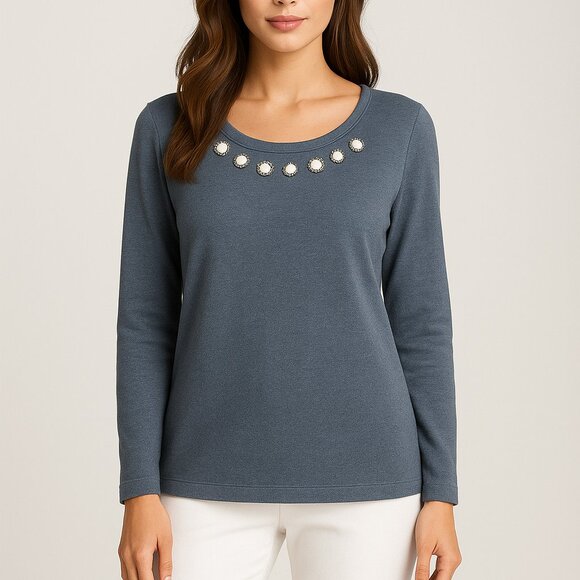 LOFT BLUE BEADED NECK CASUAL SWEATSHIRT COMFY LOUNGE SWEATSHIRT SIZE: L NWT - Picture 1 of 5